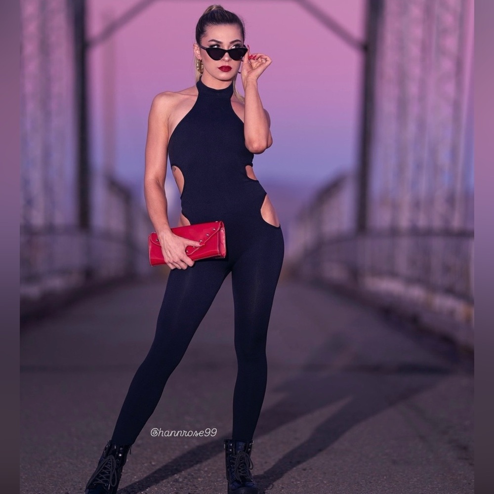 SOLD Black Cut Out Halter Jumpsuit S/M Bodycon Sleeveless